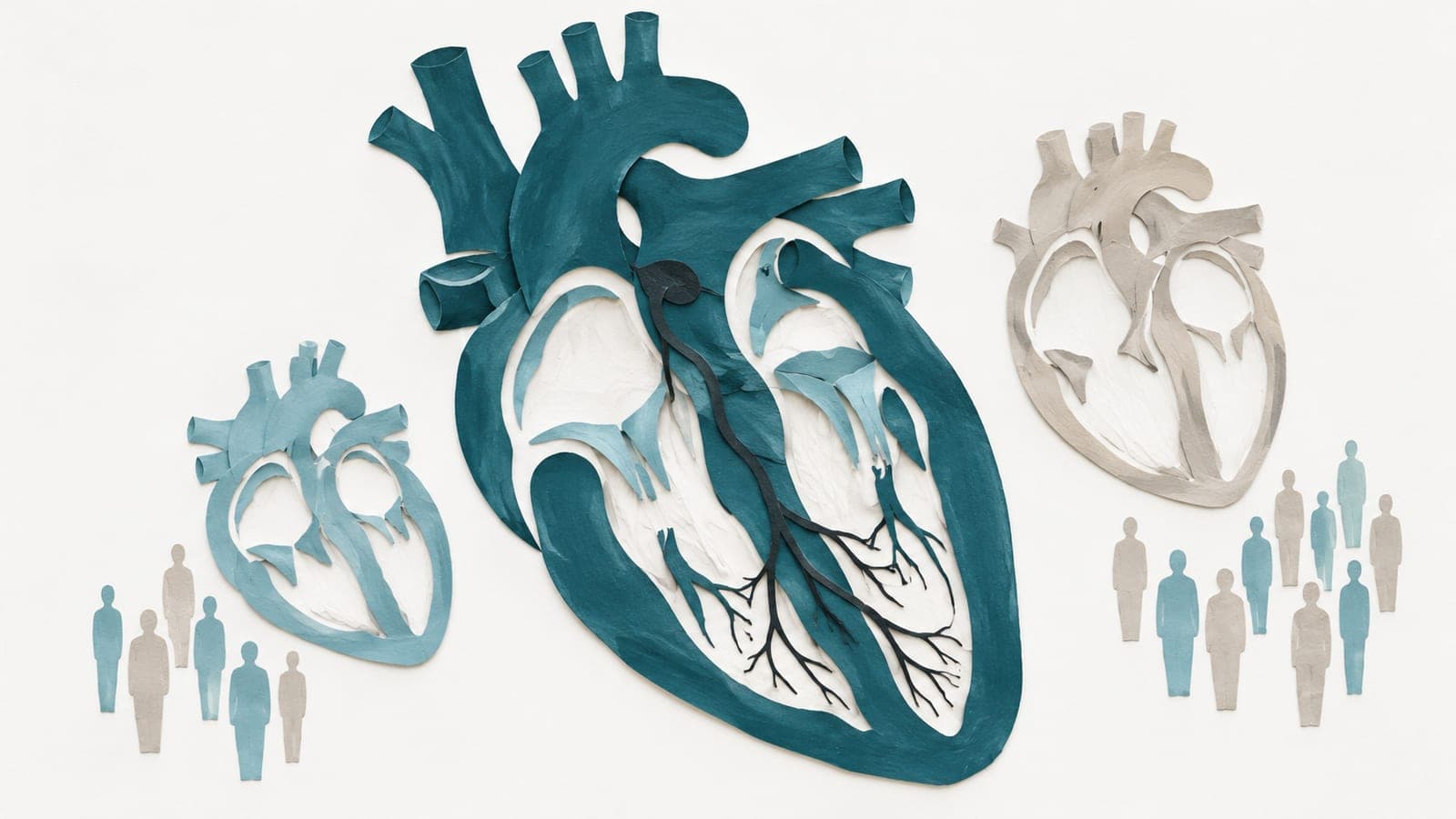 A cutaway heart shows branching electrical pathways beside smaller hearts with thick or thin walls and groups of upright, faceless people.