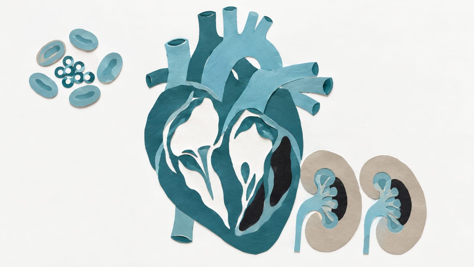 A cutaway heart and nearby kidneys share dark tissue accents, while a separate cluster of blood cells surrounds small fat particles.