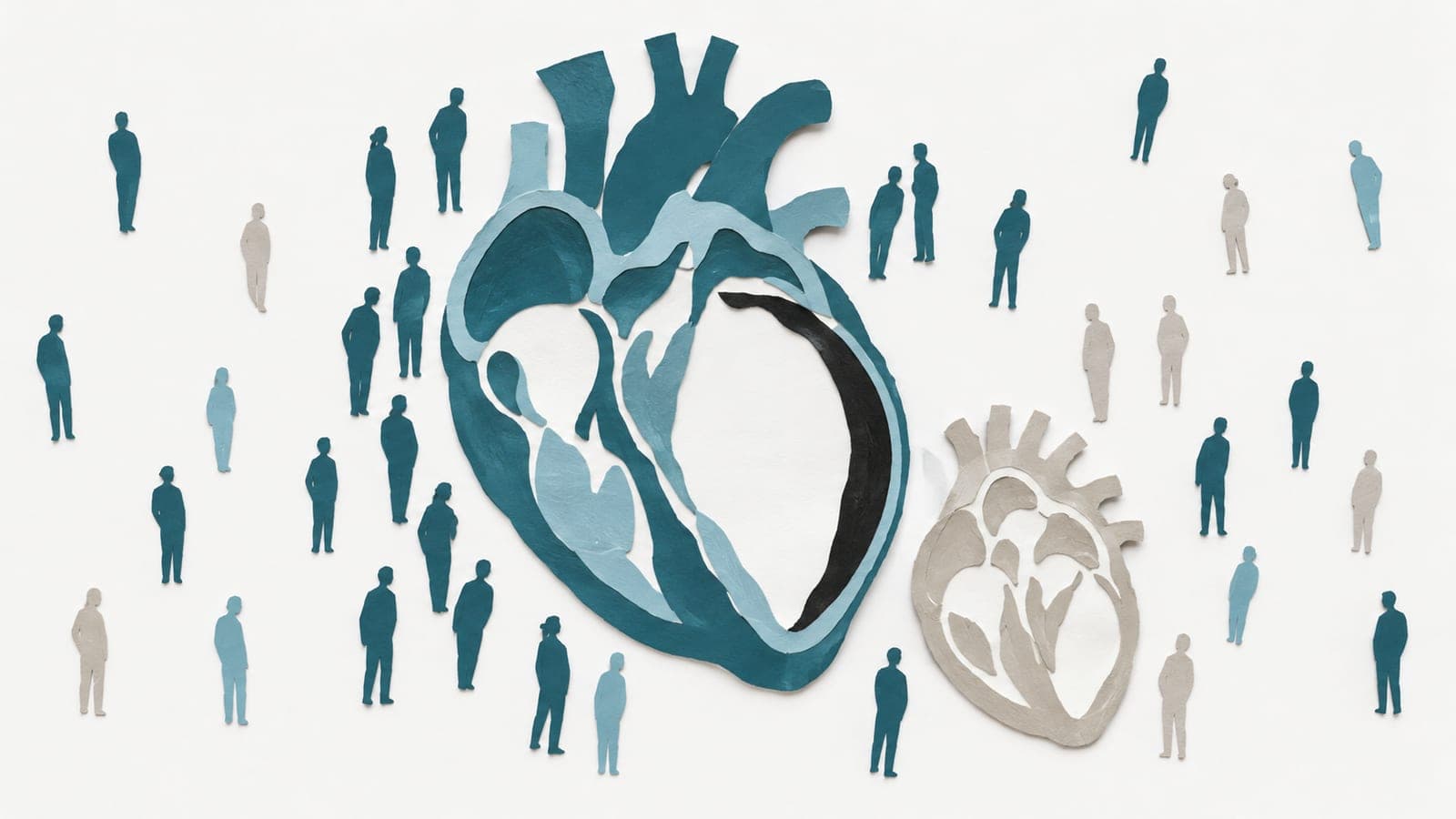 A dark blue-green heart section with an enlarged chamber sits beside a smaller gray heart with compact chambers, surrounded by small faceless people.