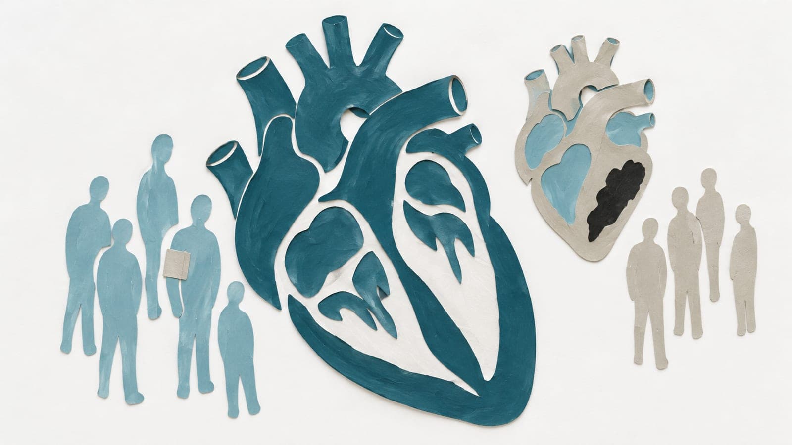 A healthy heart beside people with a blood pressure cuff contrasts with a smaller gray heart bearing a dark damaged patch beside another group.