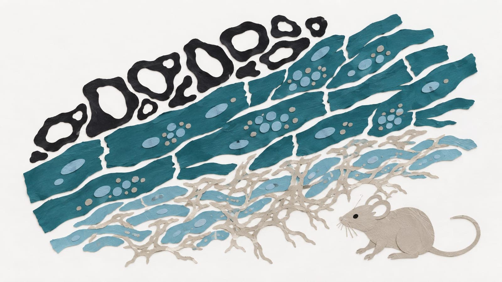 Heart muscle fibers with clustered droplets contrast with thin fibers tangled in gray scars, beside circular RNA loops and a laboratory mouse.