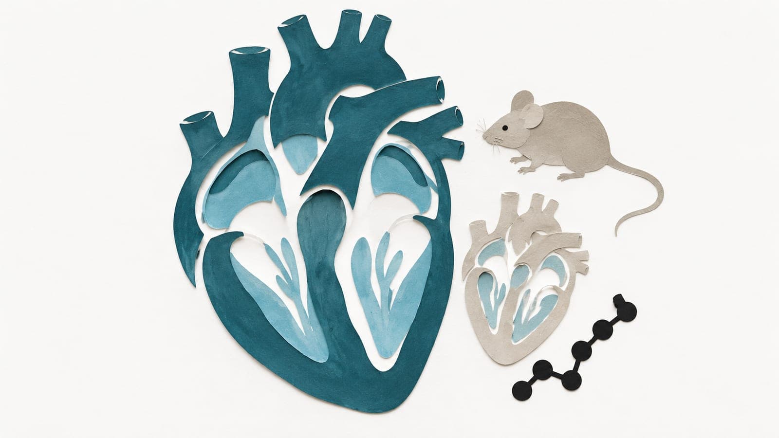 An enlarged dark blue-green heart cutaway sits beside a smaller gray heart, with a laboratory mouse above and a molecular chain below.