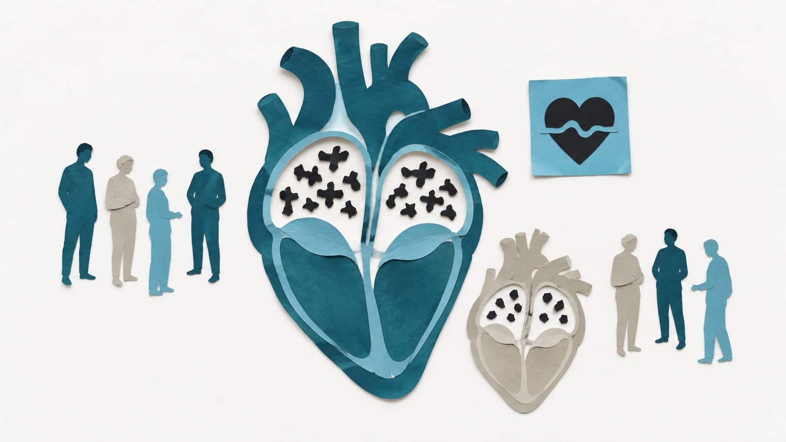 Heart cutaways show scattered dark shapes in a large blue-green heart and orderly shapes in a smaller gray heart, beside upright people and a monitor.