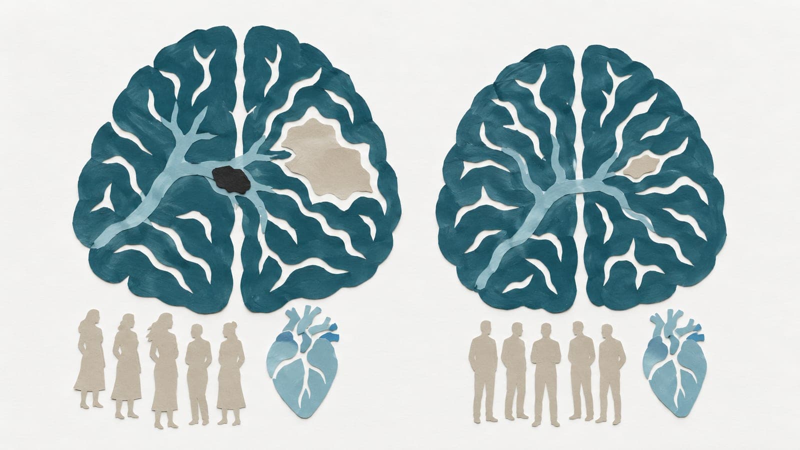 Brains above groups of women and men, with small hearts nearby, show a blocked artery and larger damaged area above the women.