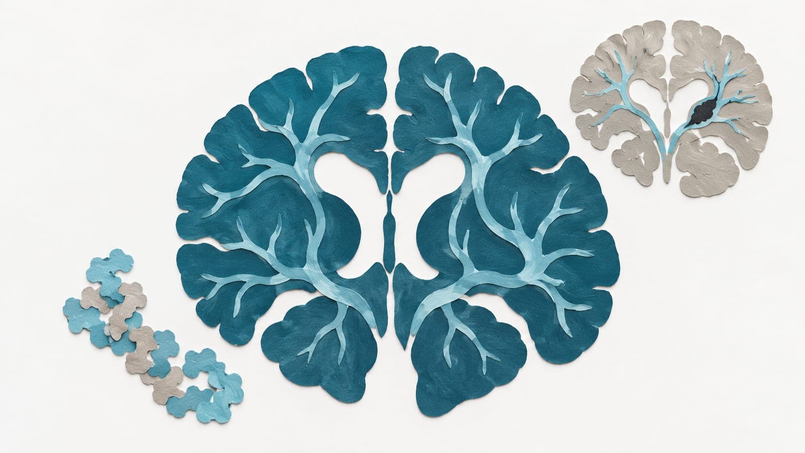 Brain cutaways show open vessels in dark blue-green tissue beside a smaller gray brain with a clot, with a folded molecular chain nearby.