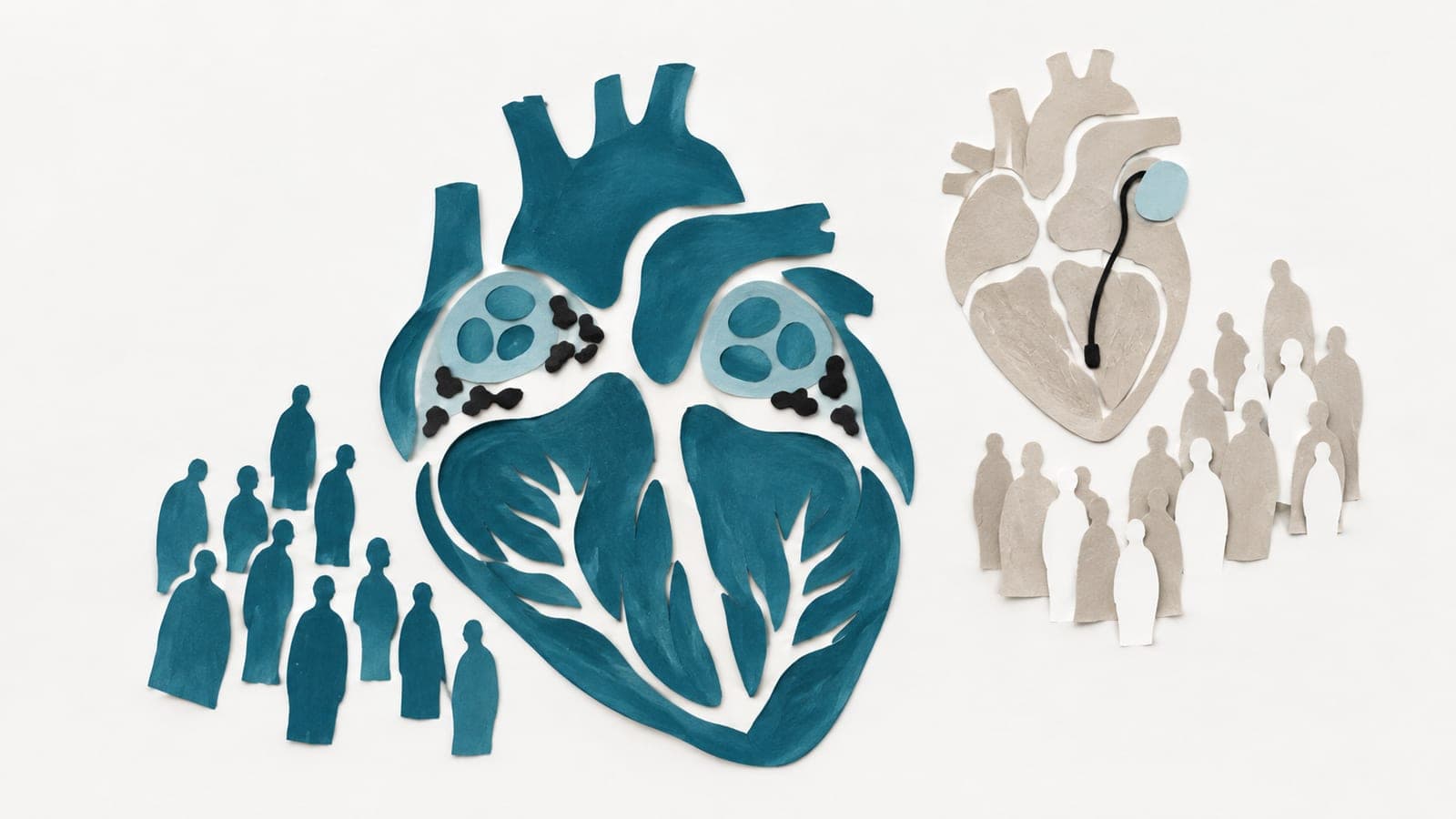 A dark blue-green heart with ringed vein openings sits by solid figures; a smaller gray heart with a pacemaker sits by figures with white gaps.