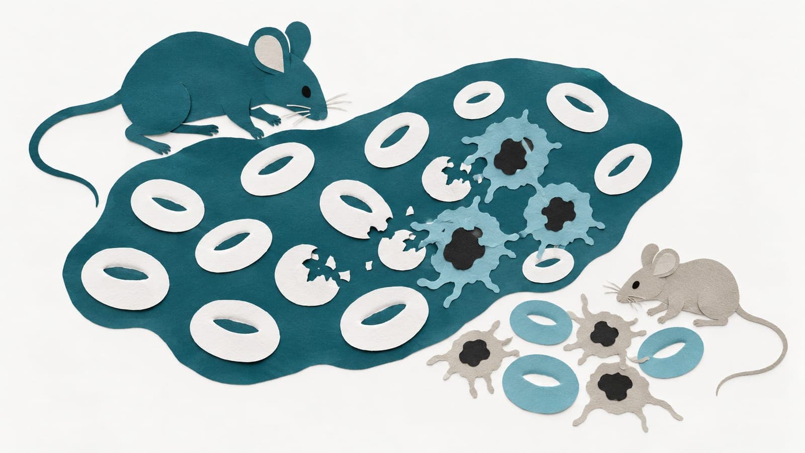 Red blood cells show broken edges beside clustered immune cells and a large mouse, while intact cells and more dispersed immune cells sit by a smaller mouse.