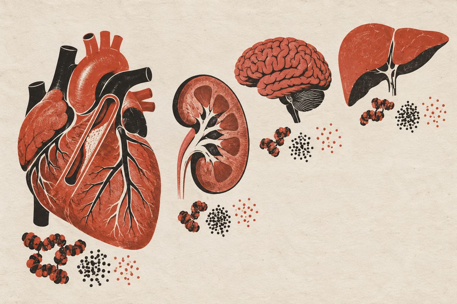 A heart with a narrowed artery sits beside a cutaway kidney, brain and liver, each near chromatin fibres and dense or sparse clusters of marks.