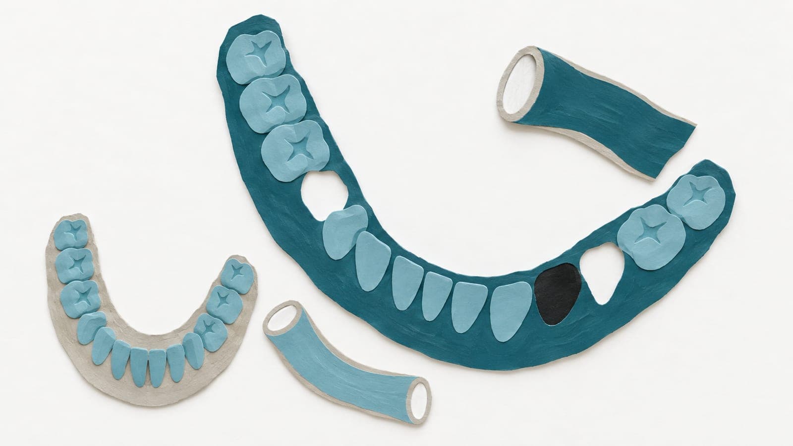 A dental arch with missing teeth beside a stiff artery contrasts with a smaller complete set of teeth beside a curved, supple artery.
