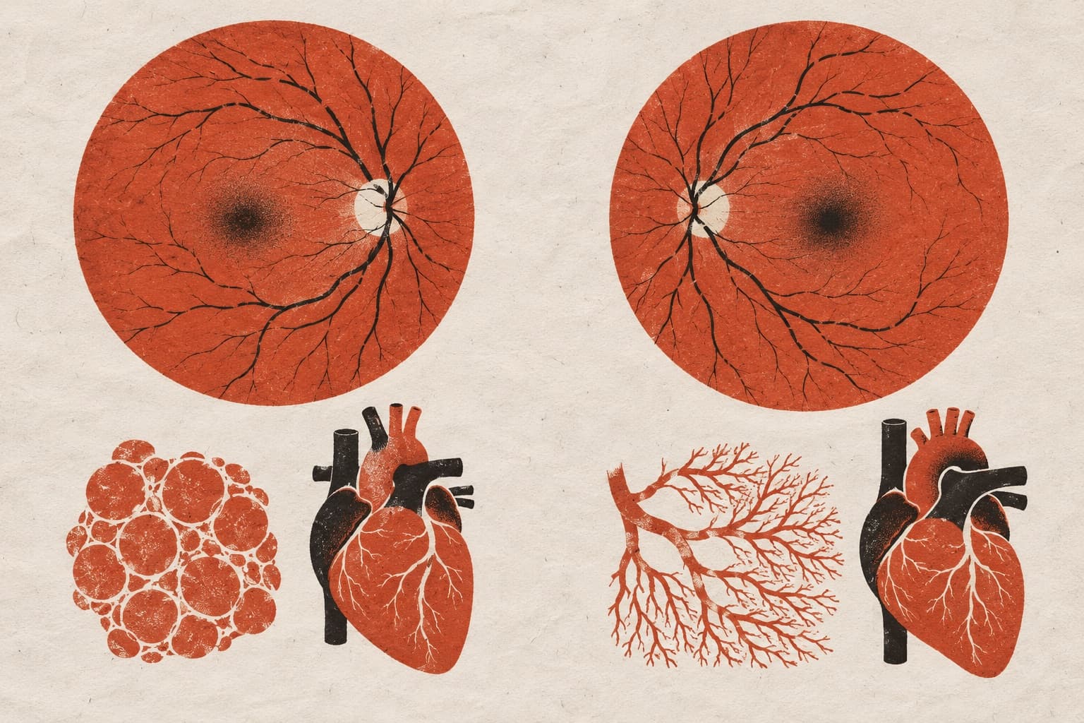Two retinal fundus scans above two hearts, one paired with a cluster of fat cells and the other with a branching vascular network.