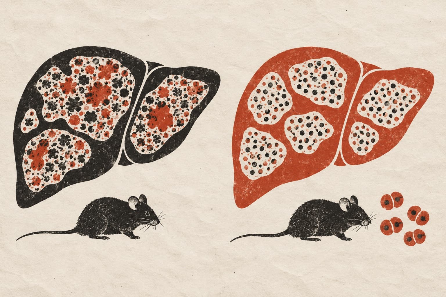 A dark, mottled liver above a mouse, beside a reddish liver above a mouse facing paired bacterial cells.