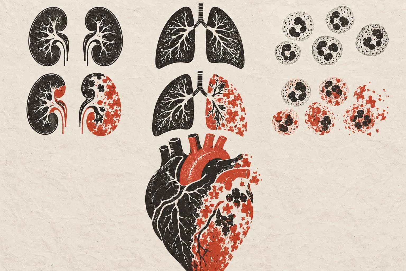A damaged heart crumbling into red specks sits below healthy and deteriorating pairs of kidneys, lungs, and immune cells.