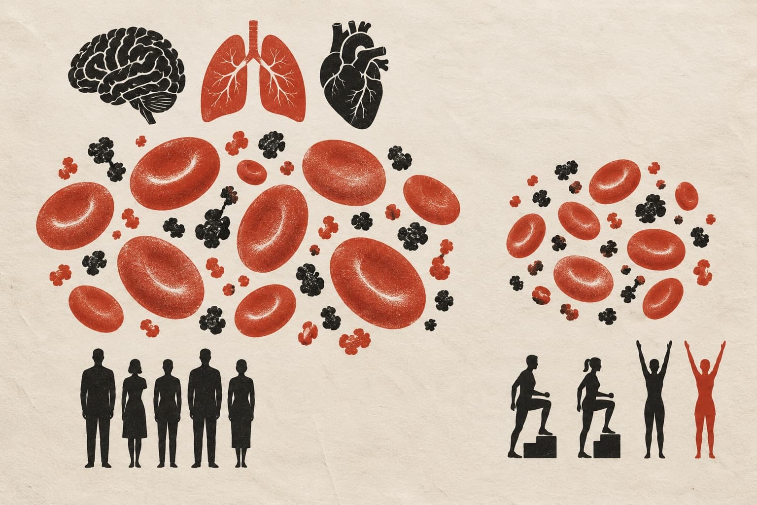 Dense blood cells and granules under vital organs above standing figures contrast with a sparser cluster above active figures exercising.