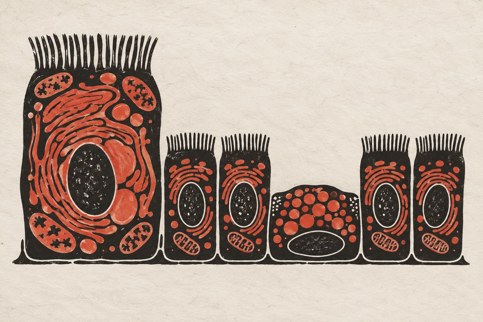 An enlarged senescent ciliated airway cell with expanded endoplasmic reticulum stands beside a row of smaller normal airway epithelial cells.