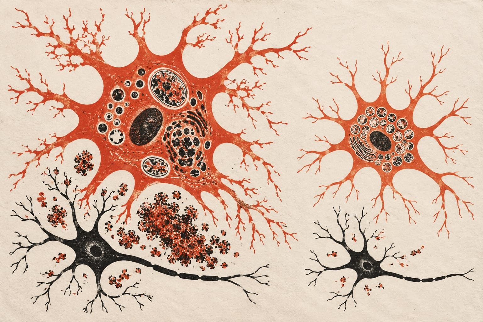 Enlarged astrocytes and neurons laden with dense protein aggregates on the left contrast with clearer, less congested cells on the right.
