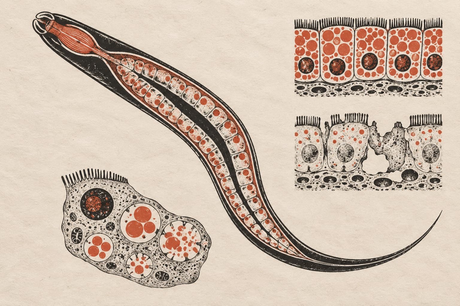 A nematode worm displaying lipid droplets along its gut, beside an enlarged cell and views contrasting intact, droplet-rich epithelium with degraded tissue.