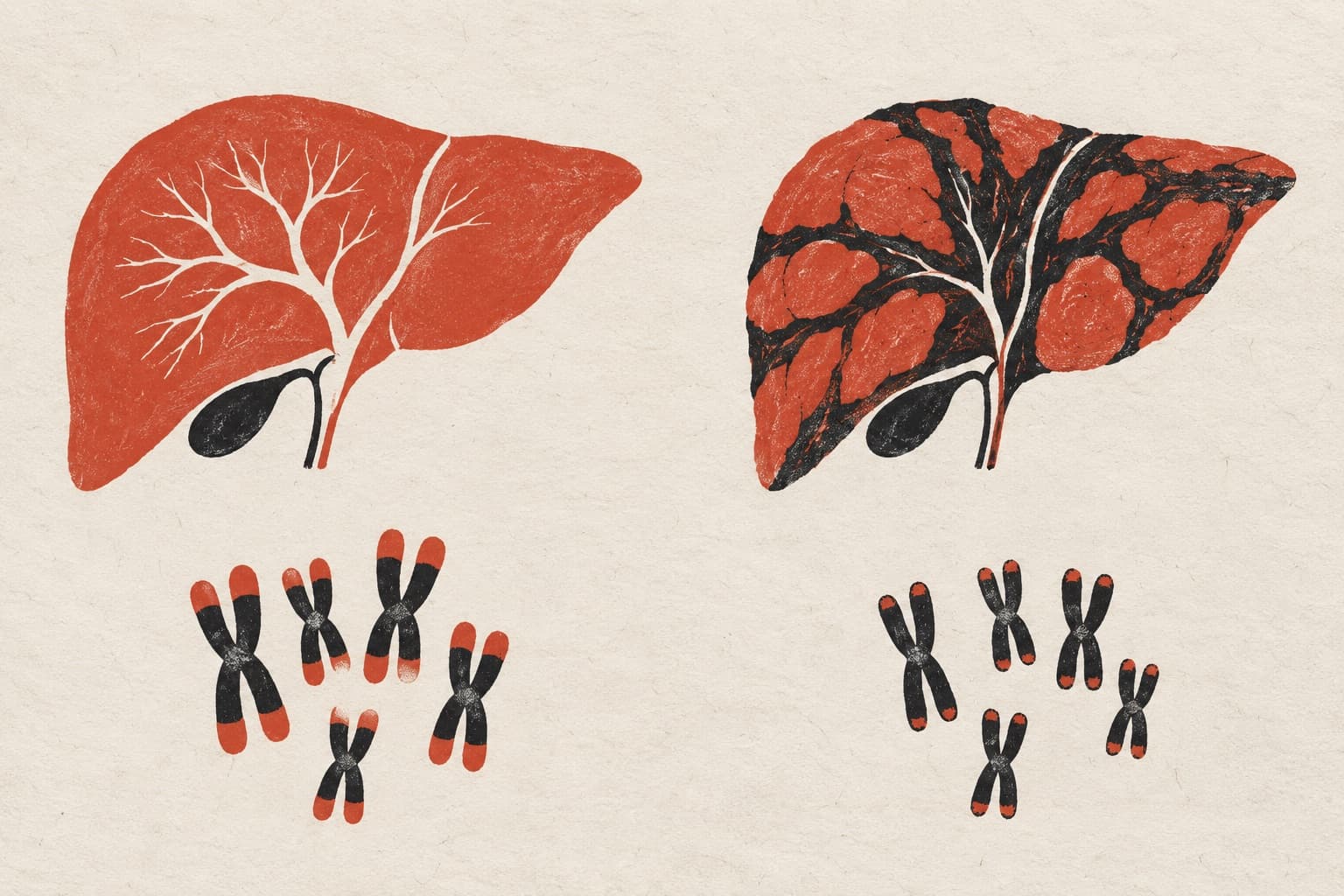 A healthy liver above chromosomes with long telomeres, alongside a scarred liver above chromosomes with shortened telomeres.