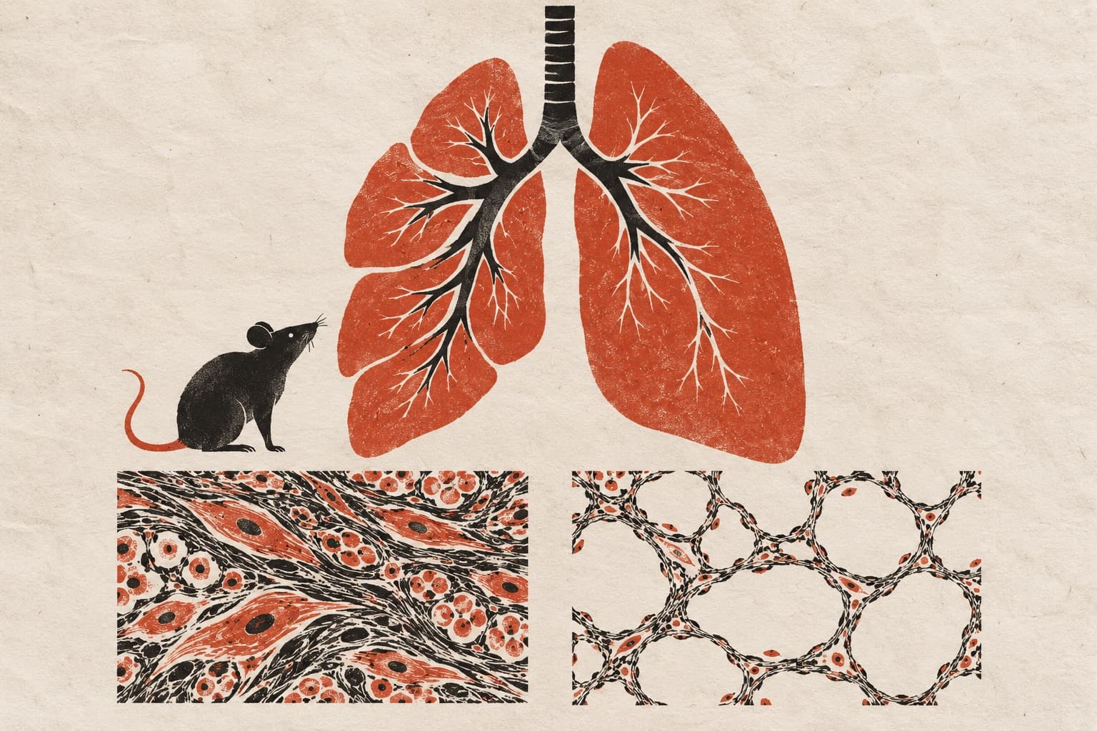 A mouse sits beside lungs above two panels contrasting dense, scarred tissue full of dark fibres against sparse, healthy tissue with open air spaces.