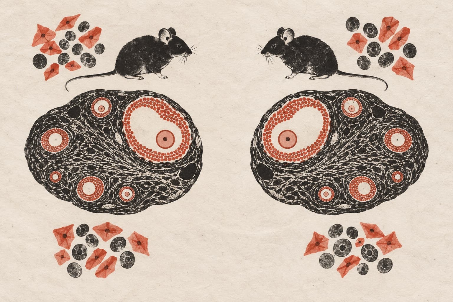 Two mice face each other above mirrored cross-sections of ovaries with developing follicles, flanked by clusters of small angular and round shapes.