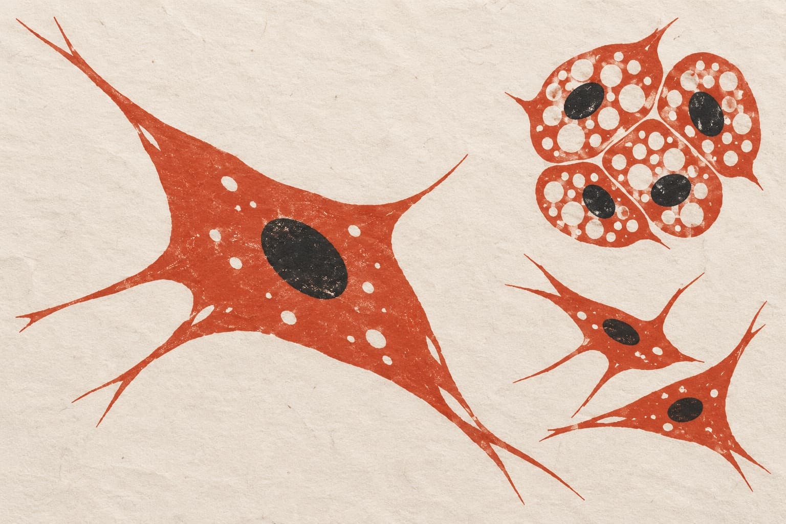 An enlarged, vacuolated fibroblast sits beside a dense cluster of rounded cells and two smaller spindle-shaped fibroblasts.