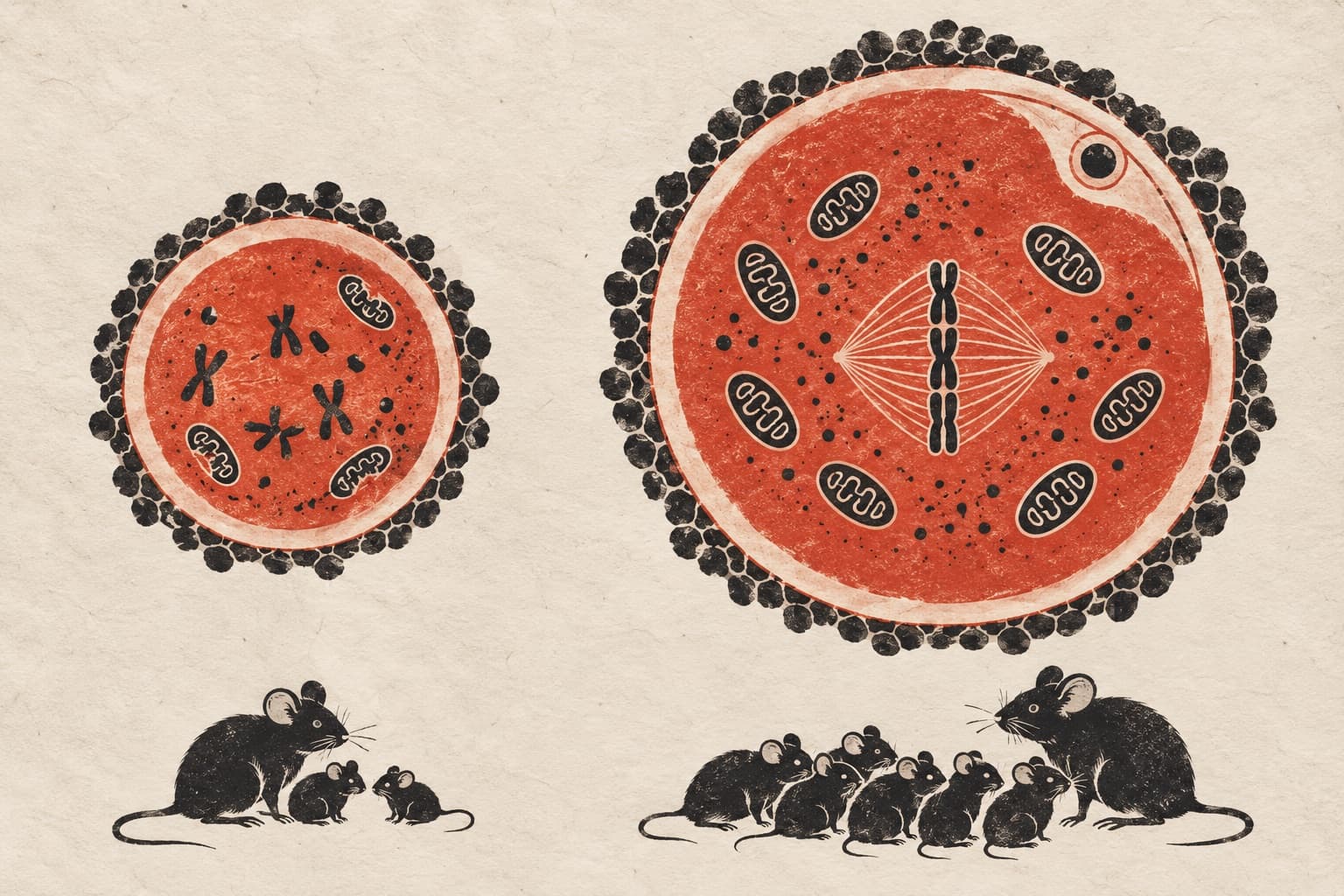 A small oocyte with disordered chromosomes above a mouse with two pups, beside a healthy oocyte with an aligned spindle above a mouse with a large litter.