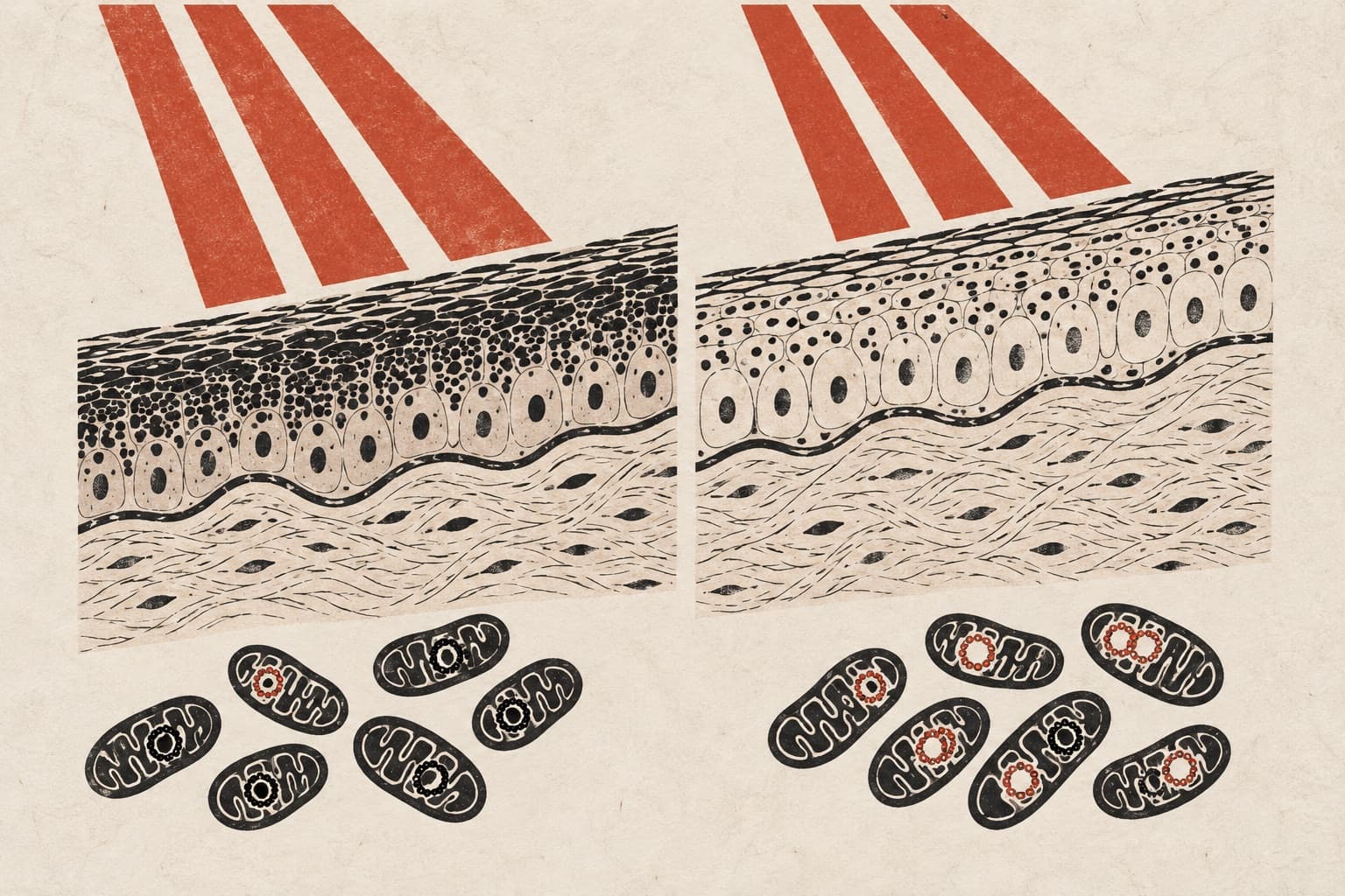 Sunlight strikes dark and light skin cross-sections, with mitochondria below showing fewer mutated red DNA rings beneath the heavily pigmented skin.