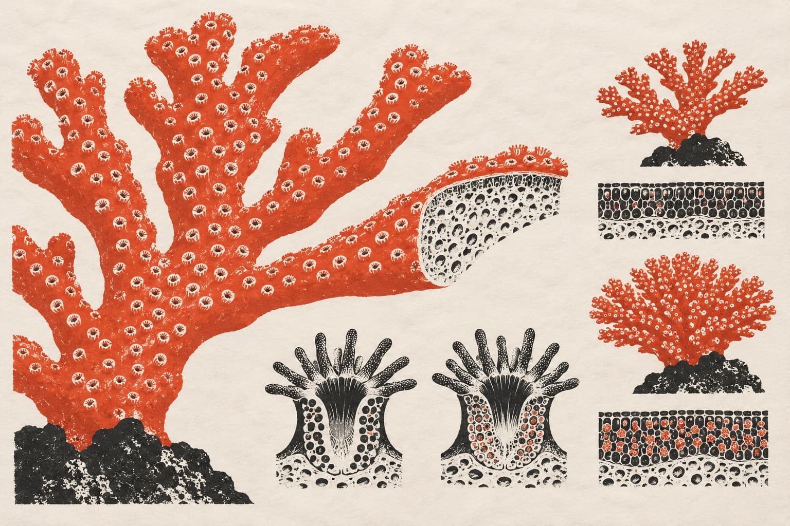 A branching coral beside diagrams of polyps and tissue layers showing sparse against dense accumulations of red somatic mutations as corals age.