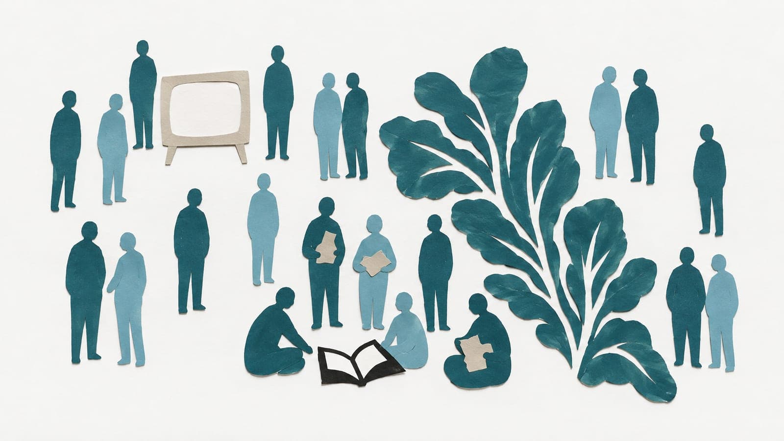 Faceless people stand singly or in pairs near a television and large vegetable leaves, while others gather around an open book and handwork.