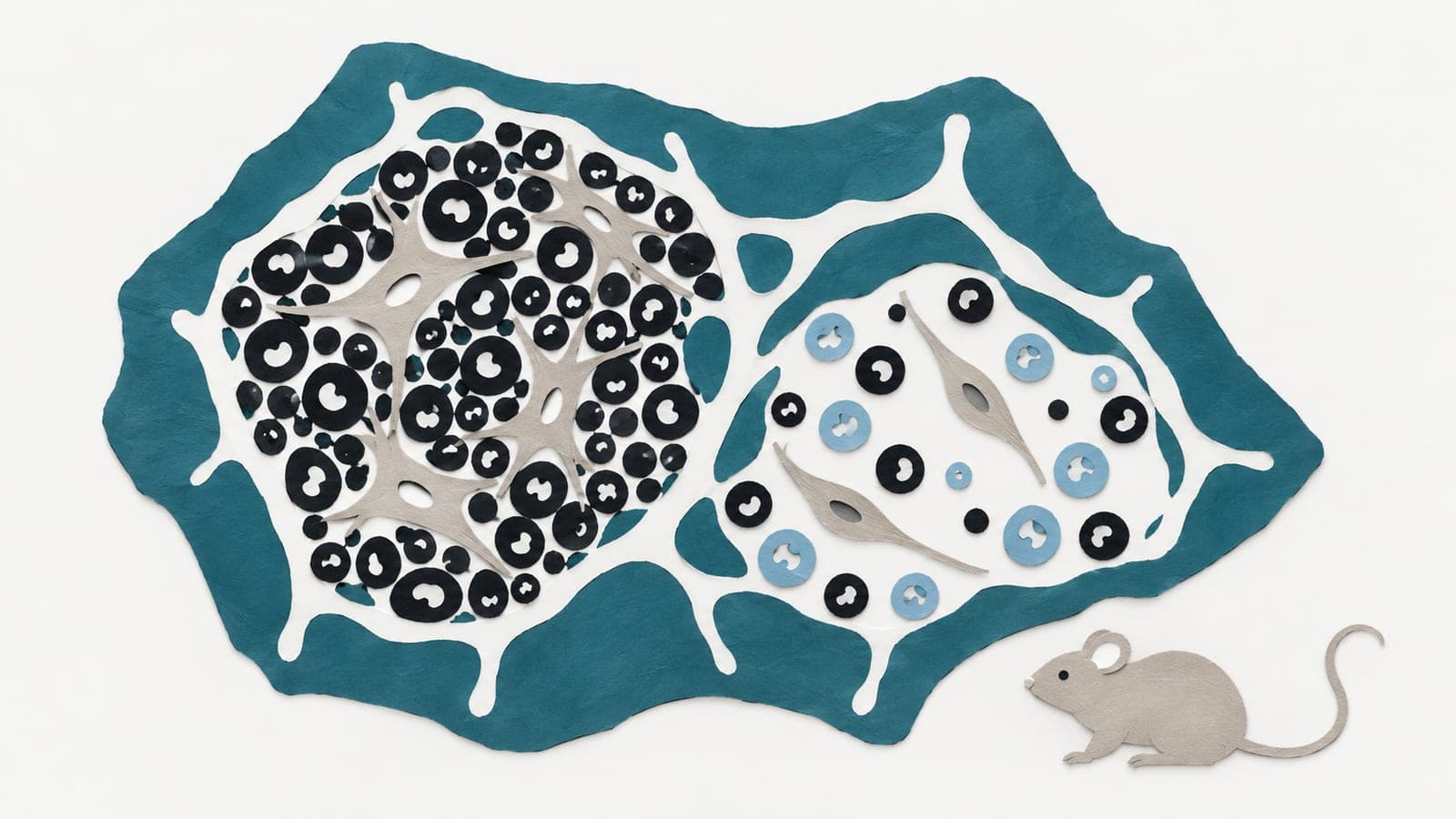 Bone marrow with crowded blood cells around enlarged stromal cells beside a sparser region with slender stromal cells, and a small mouse nearby.