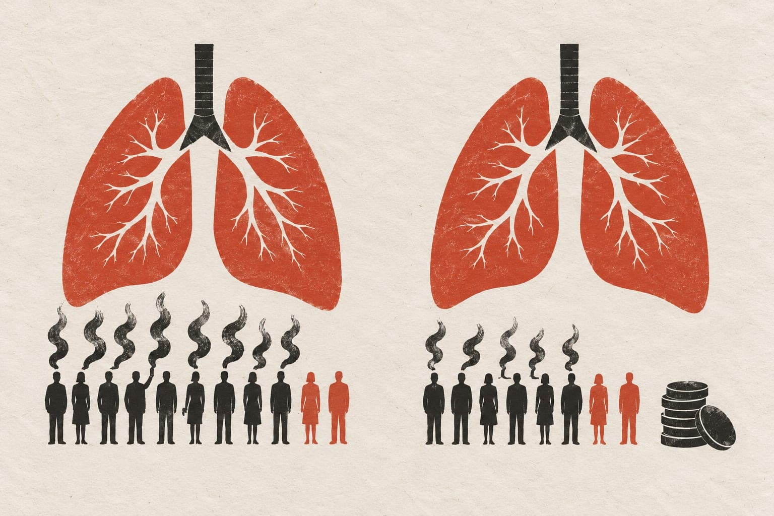 Matching pairs of lungs sit above faceless adults, with fewer smoke curls over the group beside a stack of coins.