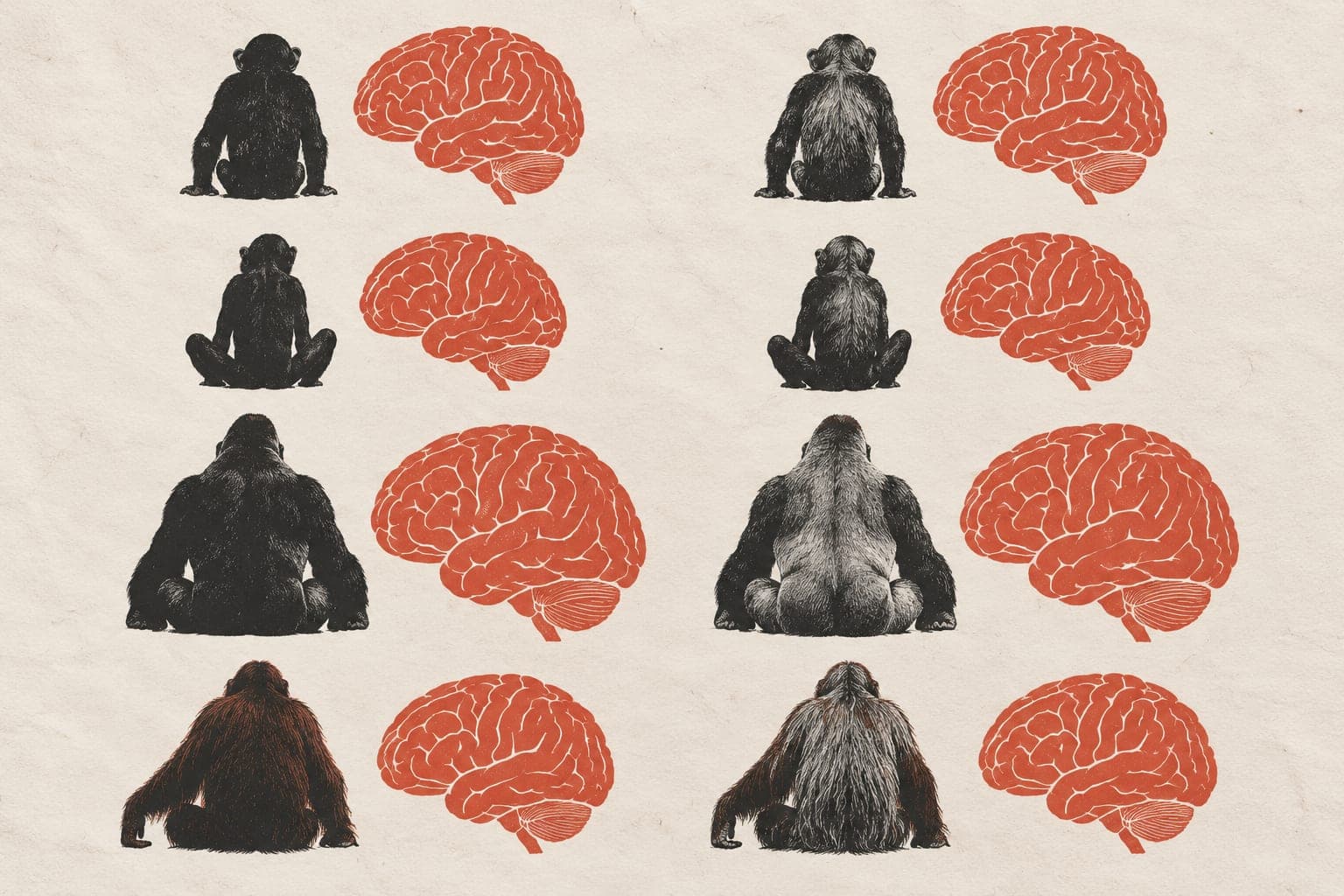 Great ape brains remain equally full beside paired mature and grey-haired elderly apes, with matching folds and sizes across each pair.