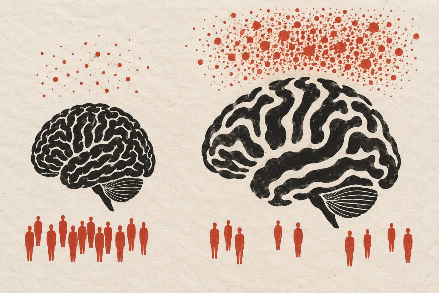Human brains beneath sparse and dense airborne particles show tight versus widened grooves, with fuller and sparser groups of upright people below.