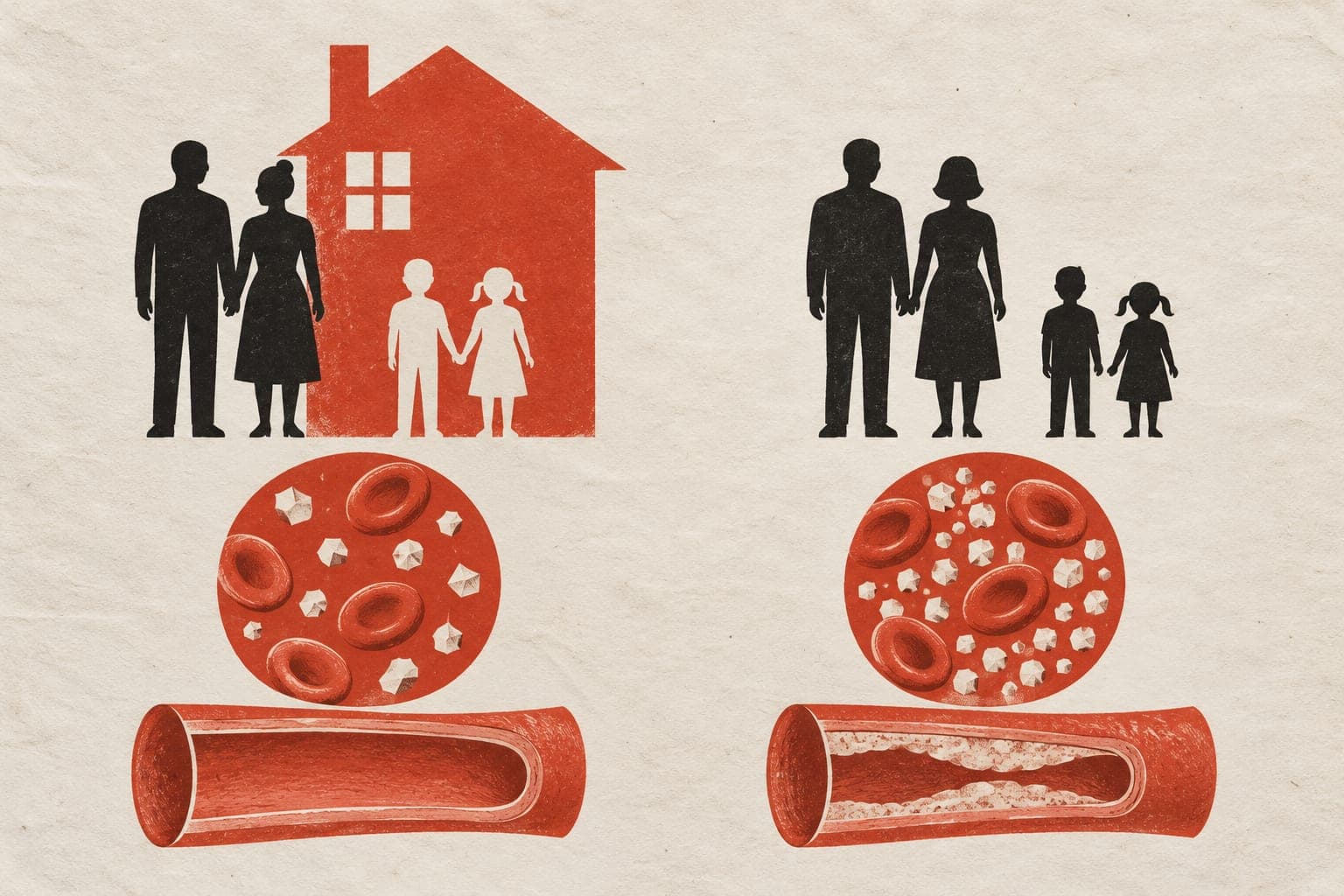 Families with and without a house sit above blood with fewer or more sugar particles and an open artery beside a narrowed artery.