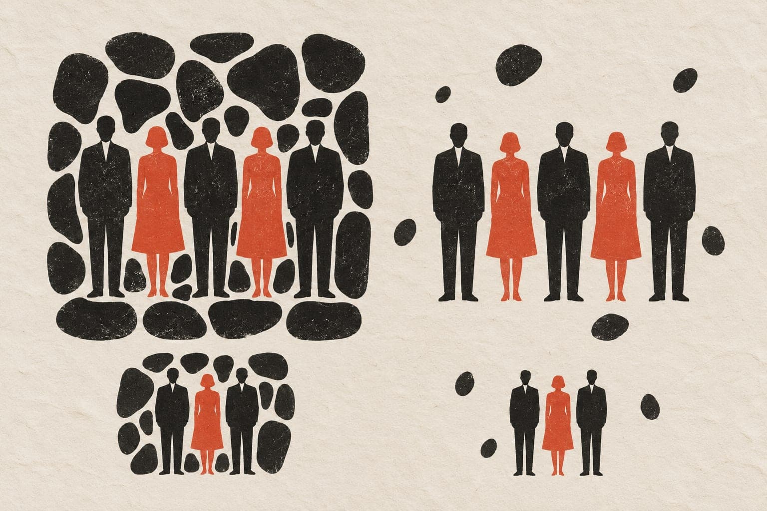 Upright, faceless adults stand in matched groups surrounded by dense patches on the left and sparse patches on the right, with smaller groups below.