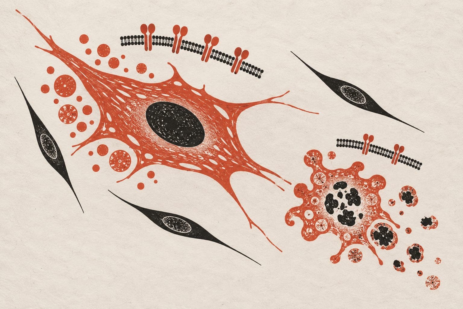 An enlarged fibroblast with droplets sits beside a fragmenting cell with fewer membrane receptors, surrounded by intact spindle-shaped fibroblasts.