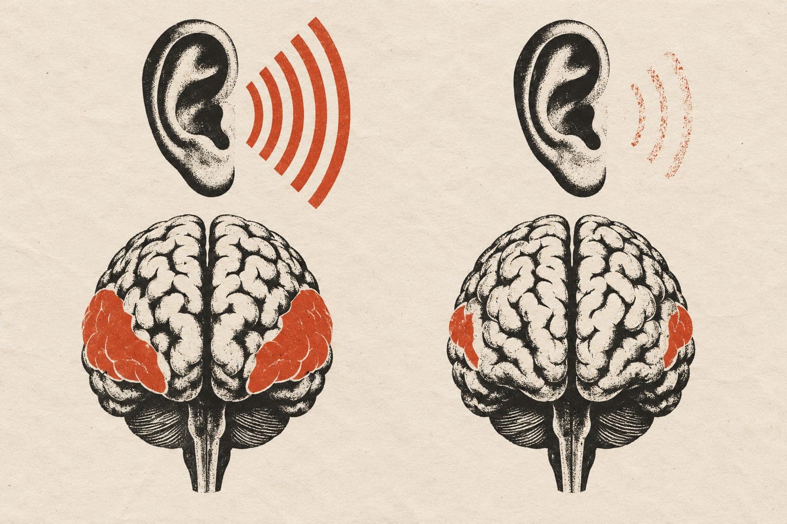 Paired brains beneath ears show larger response areas on both sides beside strong sound ripples, and smaller areas beside faint ripples.