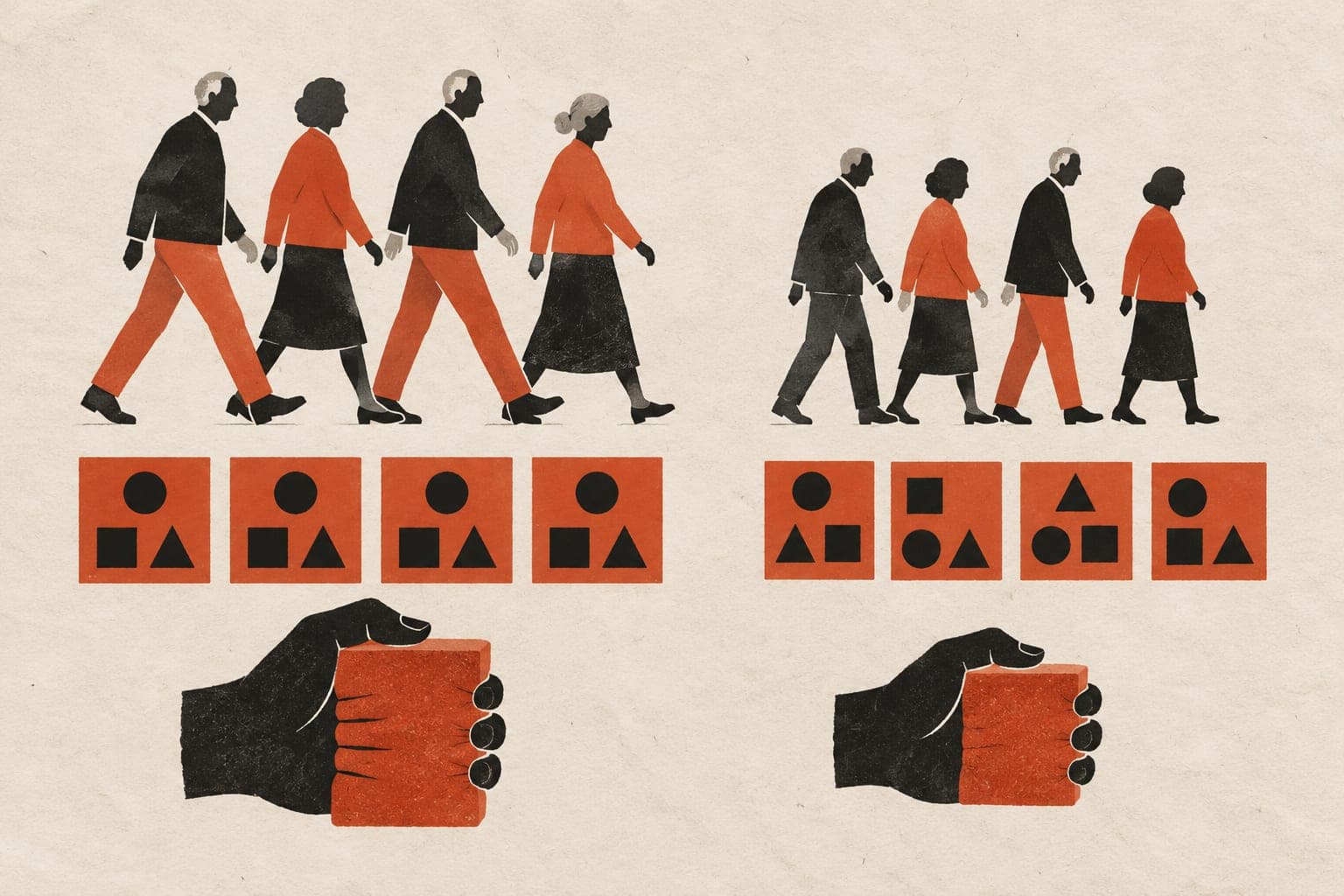 Older adults walk with longer or shorter strides above matching or varied task cards, with hands squeezing blocks below.