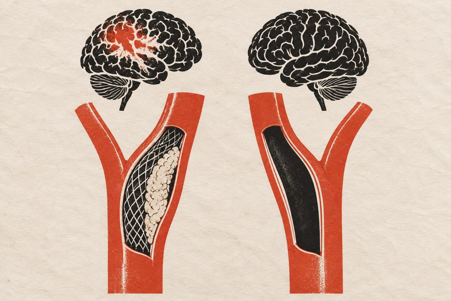 Carotid arteries beneath contrasting brains: a mesh stent and retained plaque below disrupted brain tissue, and a cleared artery below intact tissue.