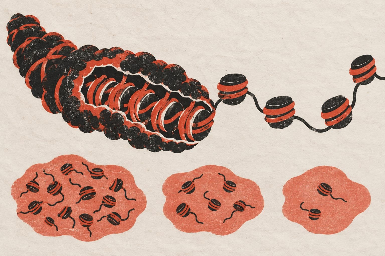 Chromatin fibre cutaway shows tightly packed units beside widely spaced ones, above blood plasma patches with progressively fewer fragments.