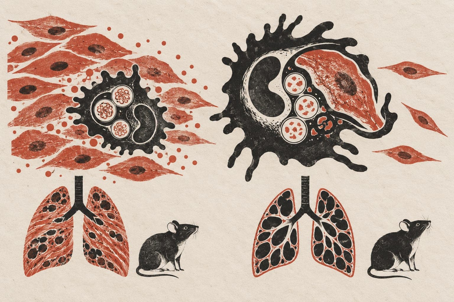 Macrophages amid crowded or sparse senescent cells, one engulfing a cell, above scarred and open lung tissue beside laboratory mice.