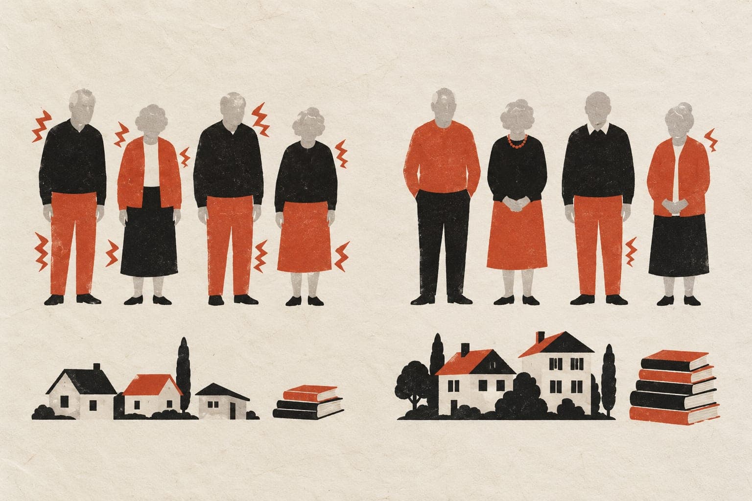 Older people stand in groups with more pain marks above modest homes and fewer books, and fewer pain marks above larger homes and more books.