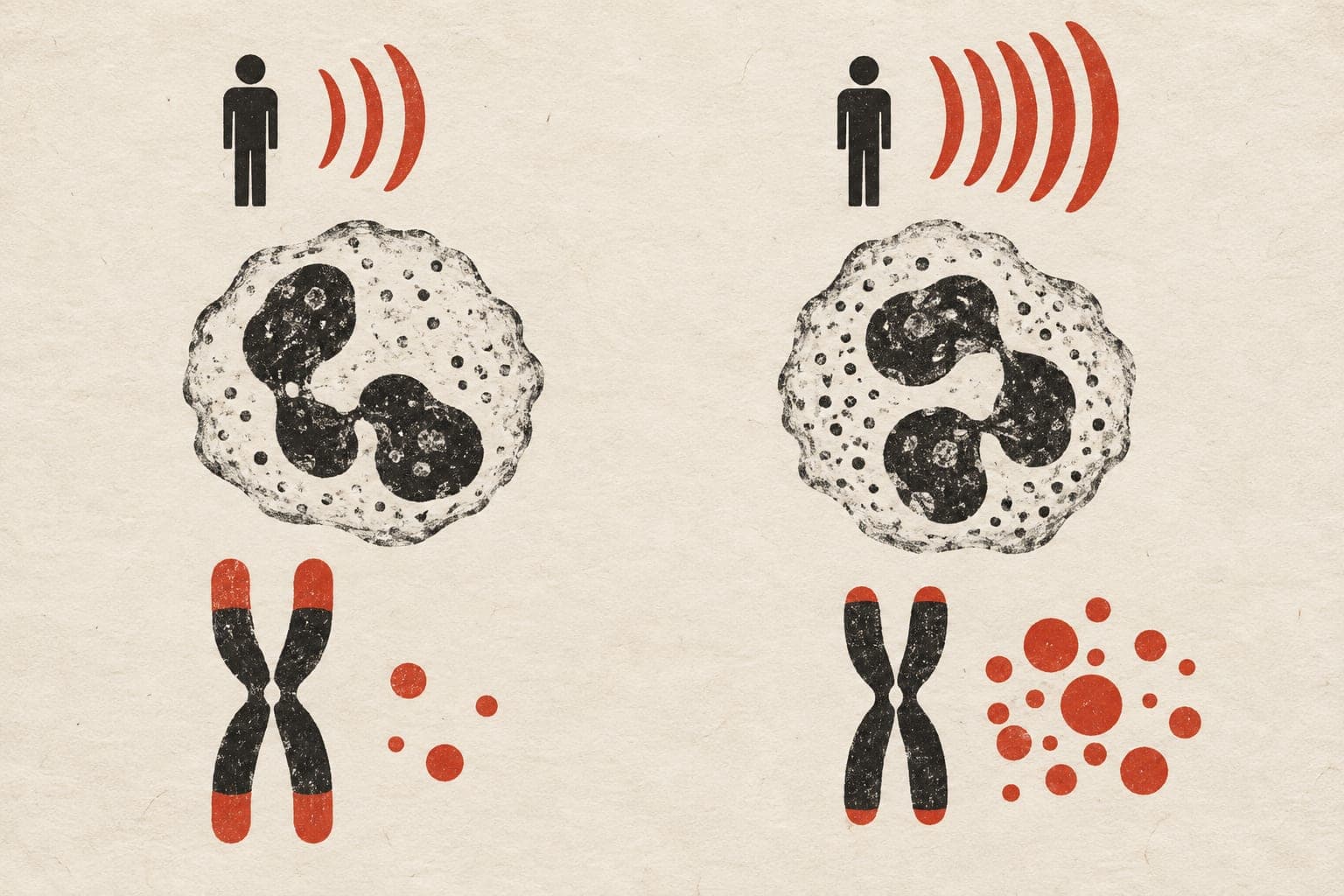 White blood cells beneath workers and sound waves, with shorter chromosome caps and more blood fat particles on the noisier side.