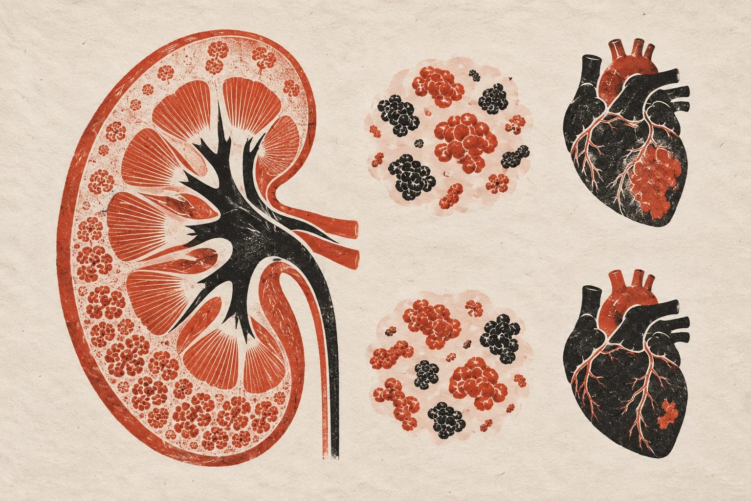 A kidney cross-section with sparse and dense filtration tissue sits beside plasma proteins and two hearts with larger and smaller damaged areas.