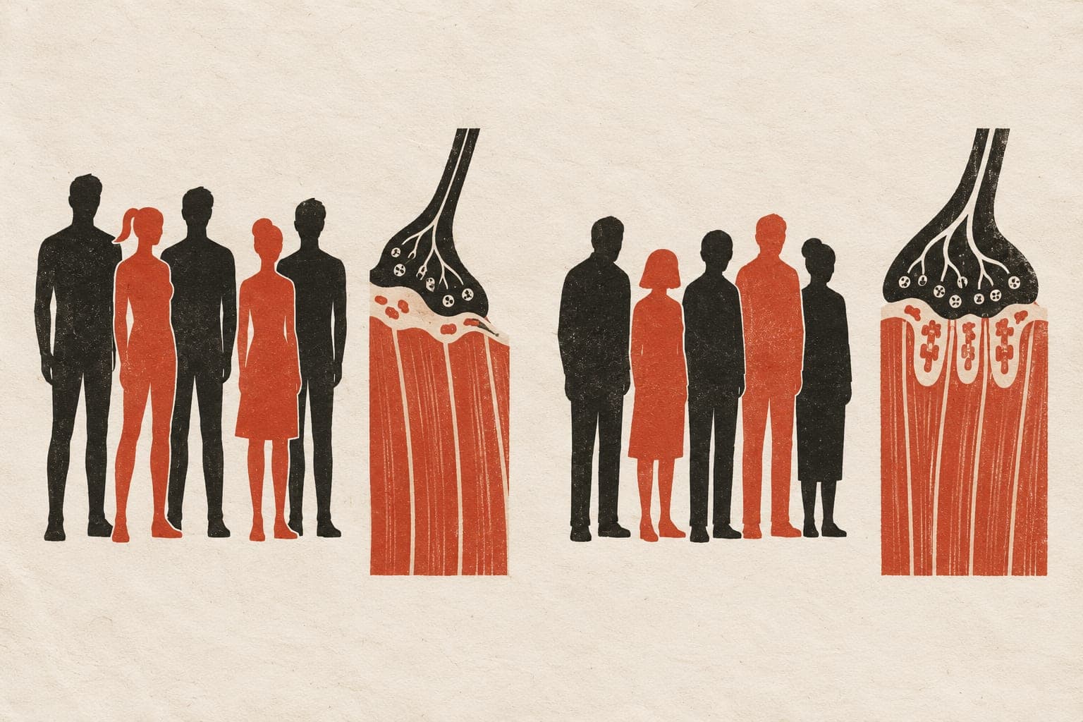 Groups of upright, faceless people stand beside nerve endings and muscle fibres with sparse receptors and shallow folds versus dense receptors and deep folds.
