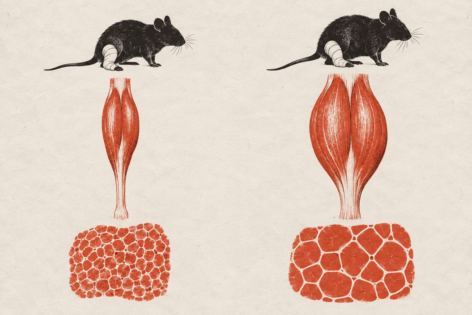 Calf muscles beneath mice with casted hind legs compare a shrunken muscle and small fibres on the left with a fuller muscle and larger fibres on the right.