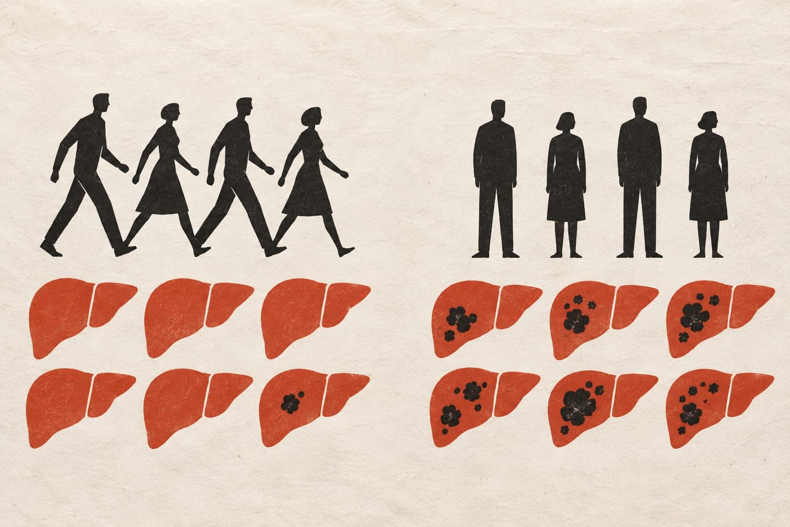 Livers beneath walking, faceless people show fewer tumour patches than livers beneath a group standing still.