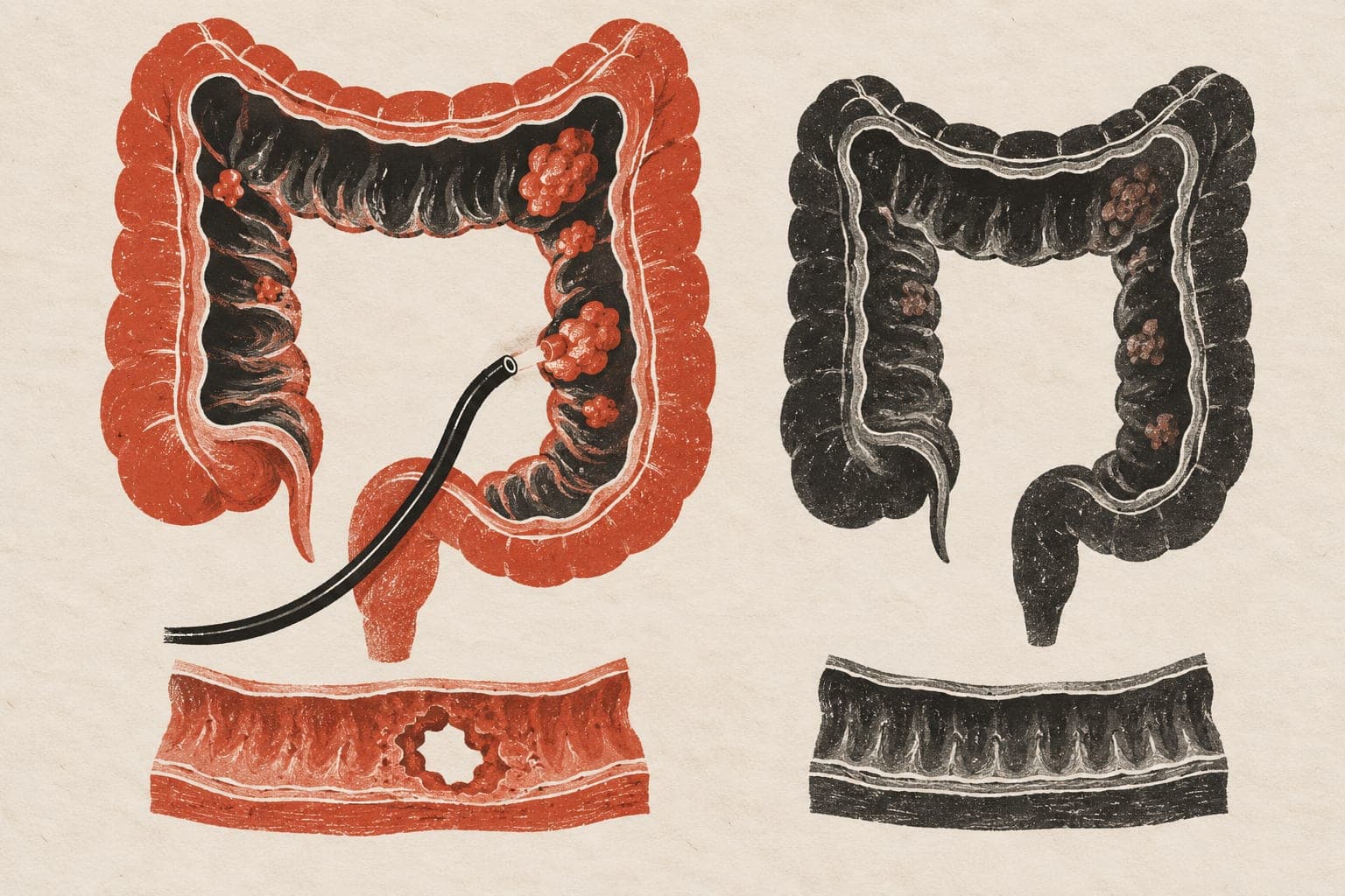 A colon with a camera and prominent growths sits beside a darker colon with faint growths; perforated and intact bowel wall sections lie beneath.