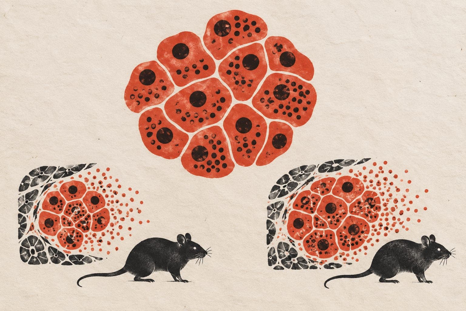 Pancreatic cells above laboratory mice and paired tissue samples, with a larger cell cluster and denser released granules on the right.