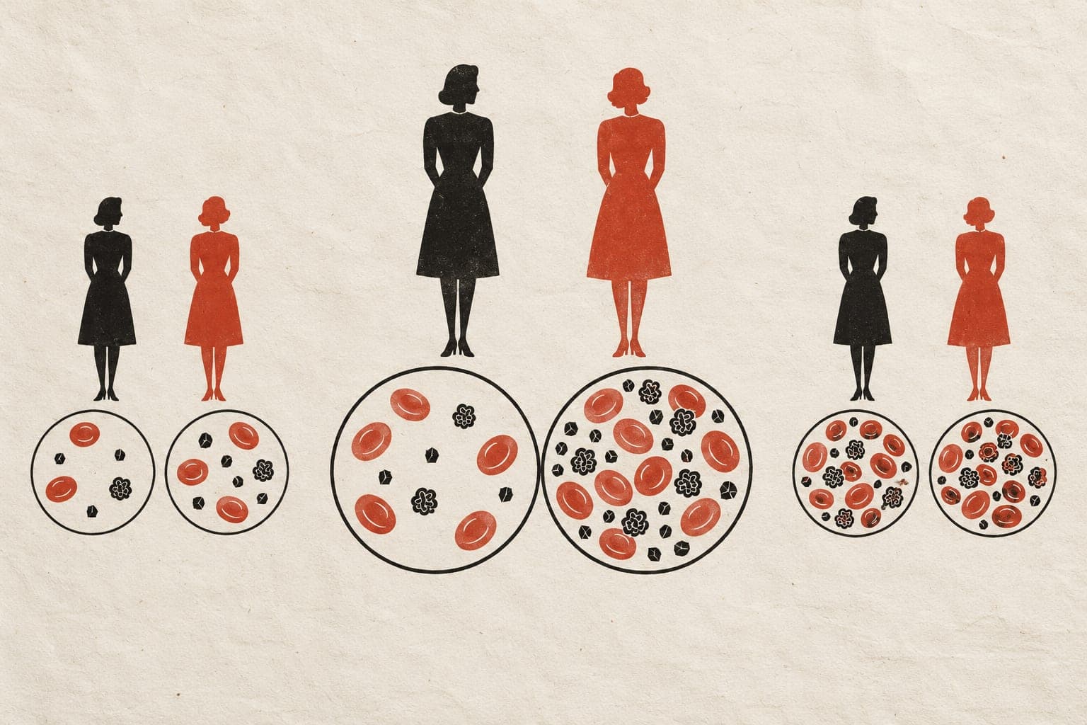 Blood samples beneath upright, faceless women show cells, sugar and hormone forms, with the largest increase in density in the central pair.