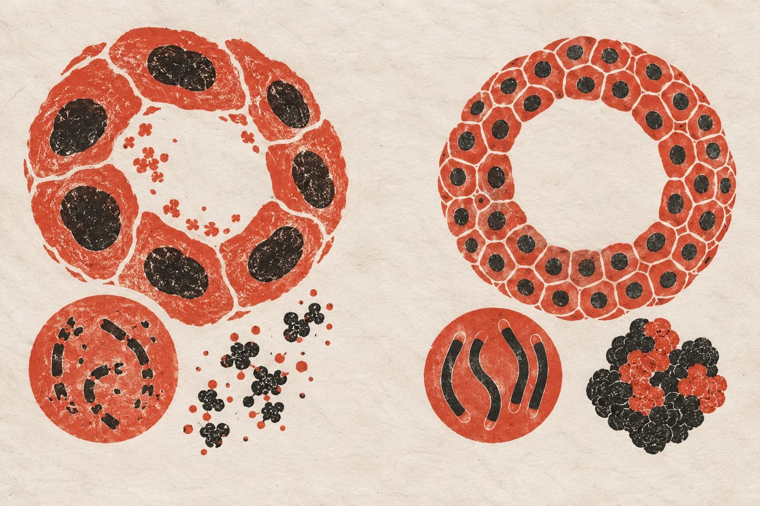 Placental organoids show enlarged cells beside compact cells, with broken chromosome strands and scattered molecules opposite intact strands and an enzyme.